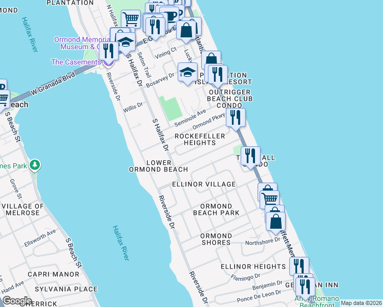 map of restaurants, bars, coffee shops, grocery stores, and more near 113 Arlington Way in Ormond Beach