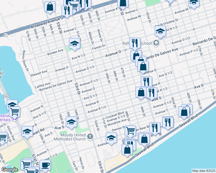 map of restaurants, bars, coffee shops, grocery stores, and more near 4810 Avenue Q in Galveston