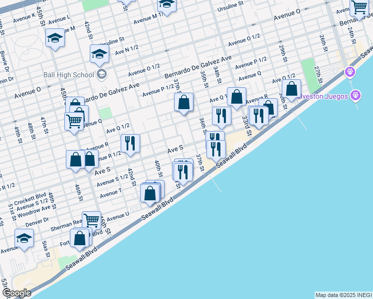 map of restaurants, bars, coffee shops, grocery stores, and more near 2412 38th Street in Galveston