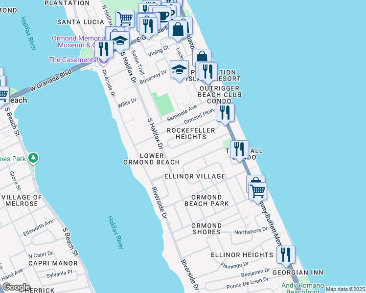map of restaurants, bars, coffee shops, grocery stores, and more near 122 Magnolia Drive in Ormond Beach