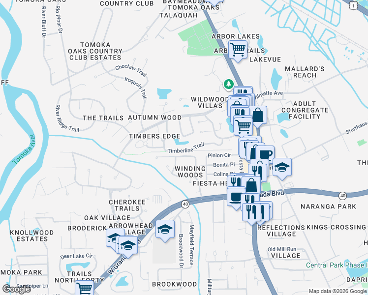 map of restaurants, bars, coffee shops, grocery stores, and more near 301 Timberline Trail in Ormond Beach