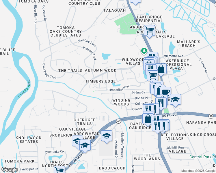 map of restaurants, bars, coffee shops, grocery stores, and more near 202 Timberline Trail in Ormond Beach