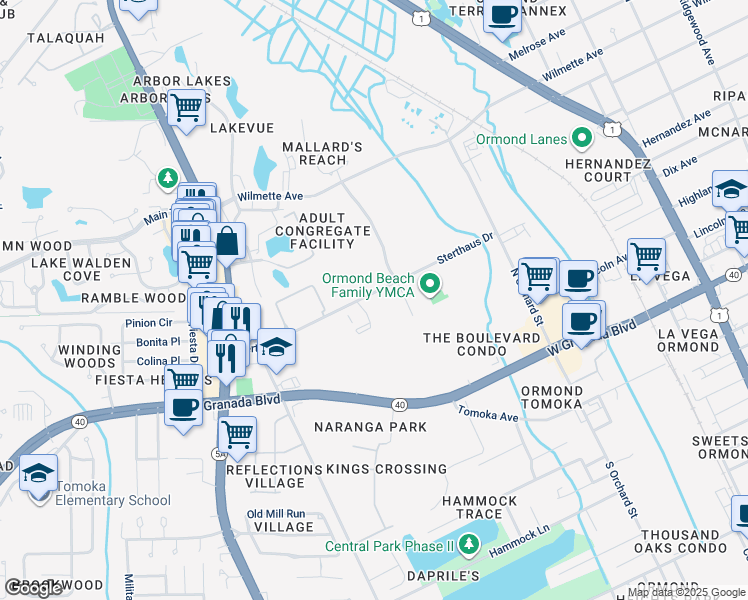 map of restaurants, bars, coffee shops, grocery stores, and more near 560 Sterthaus Drive in Ormond Beach