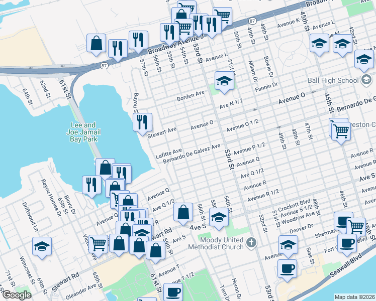 map of restaurants, bars, coffee shops, grocery stores, and more near 5523 Avenue O 1/2 in Galveston