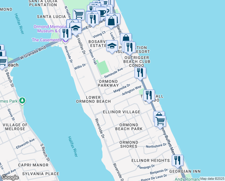 map of restaurants, bars, coffee shops, grocery stores, and more near 119 Valencia Drive in Ormond Beach