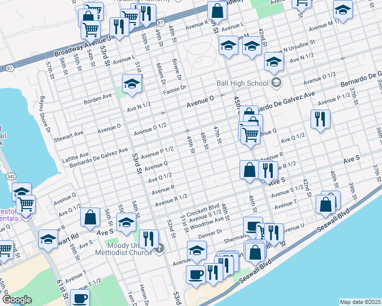 map of restaurants, bars, coffee shops, grocery stores, and more near 4810 Avenue Q in Galveston