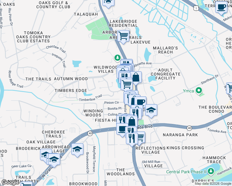 map of restaurants, bars, coffee shops, grocery stores, and more near 1 Rocky Ridge Trail in Ormond Beach