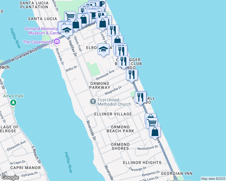 map of restaurants, bars, coffee shops, grocery stores, and more near Magnolia Drive in Ormond Beach