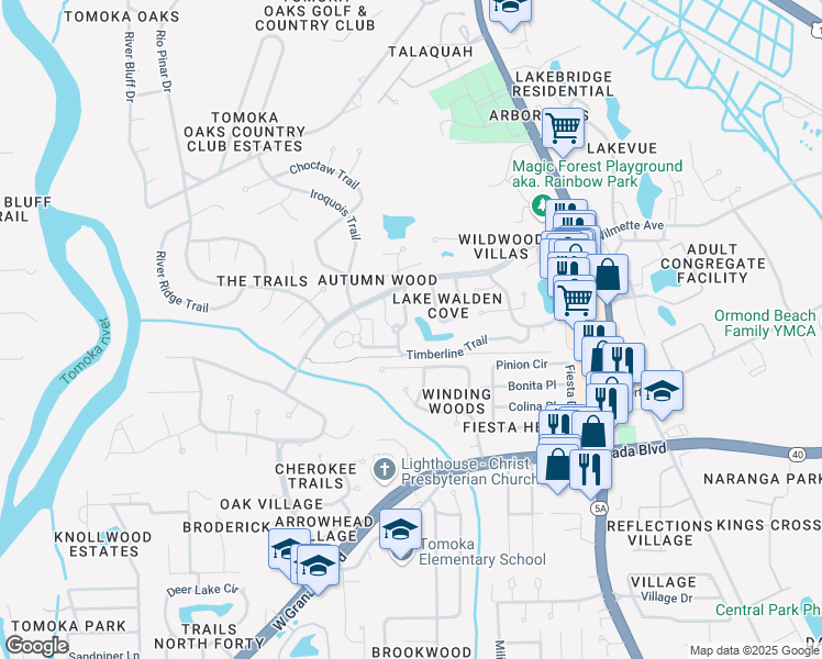 map of restaurants, bars, coffee shops, grocery stores, and more near 202 Timberline Trail in Ormond Beach