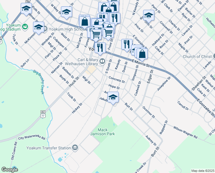 map of restaurants, bars, coffee shops, grocery stores, and more near 108 Hope Street in Yoakum
