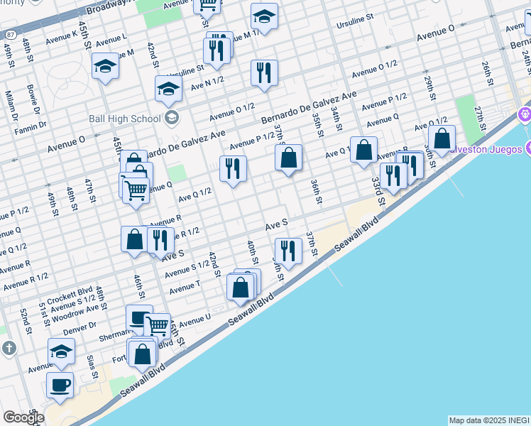 map of restaurants, bars, coffee shops, grocery stores, and more near 3827 Avenue R 1/2 in Galveston