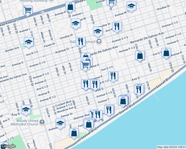 map of restaurants, bars, coffee shops, grocery stores, and more near 4315 1/2 Avenue Q 1/2 in Galveston