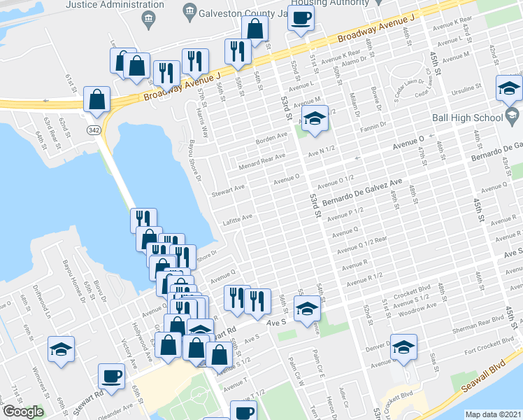 map of restaurants, bars, coffee shops, grocery stores, and more near 5523 Avenue O 1/2 in Galveston