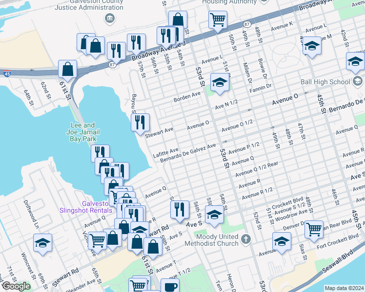 map of restaurants, bars, coffee shops, grocery stores, and more near 5523 Avenue O 1/2 in Galveston