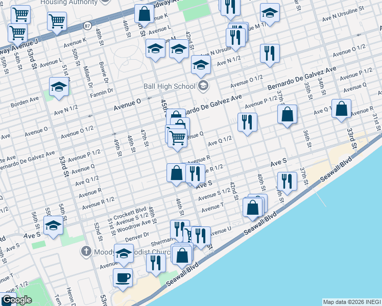 map of restaurants, bars, coffee shops, grocery stores, and more near 4315 1/2 Avenue Q 1/2 in Galveston
