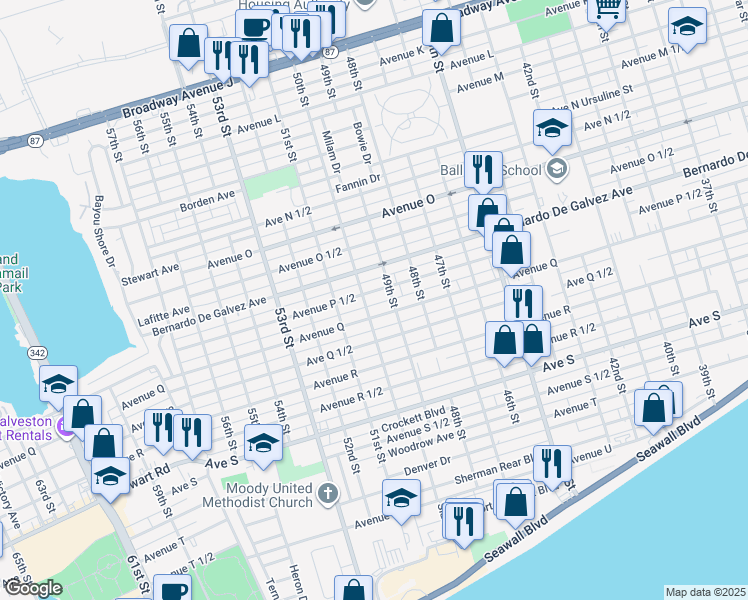 map of restaurants, bars, coffee shops, grocery stores, and more near 4923 1/2 Bernardo De Galvez Avenue in Galveston