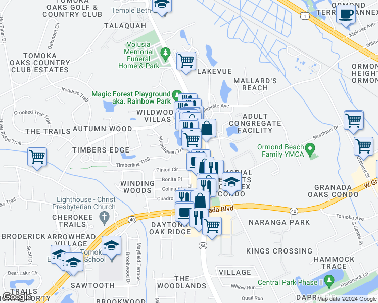 map of restaurants, bars, coffee shops, grocery stores, and more near 226 North Nova Road in Ormond Beach