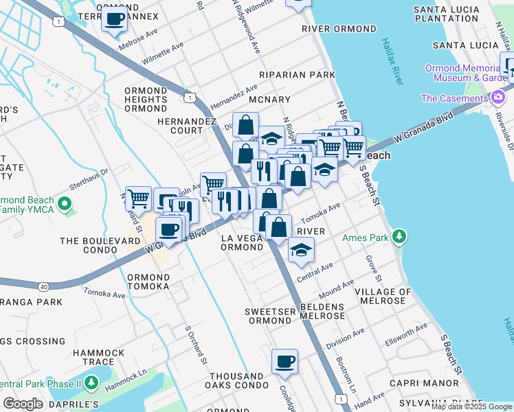 map of restaurants, bars, coffee shops, grocery stores, and more near South Yonge Street & North Yonge Street in Ormond Beach