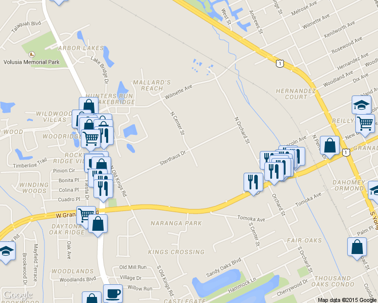 map of restaurants, bars, coffee shops, grocery stores, and more near 600 Sterthaus Drive in Ormond Beach