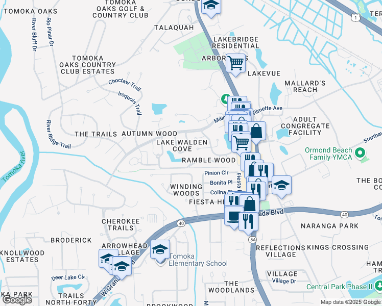 map of restaurants, bars, coffee shops, grocery stores, and more near 20 Lake Walden Trail in Ormond Beach