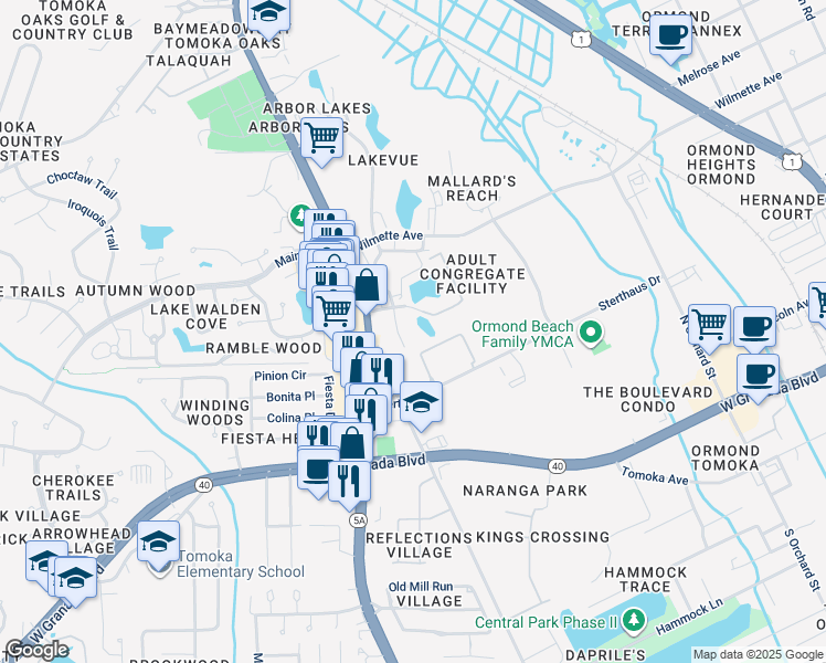 map of restaurants, bars, coffee shops, grocery stores, and more near 550 Memorial Circle in Ormond Beach