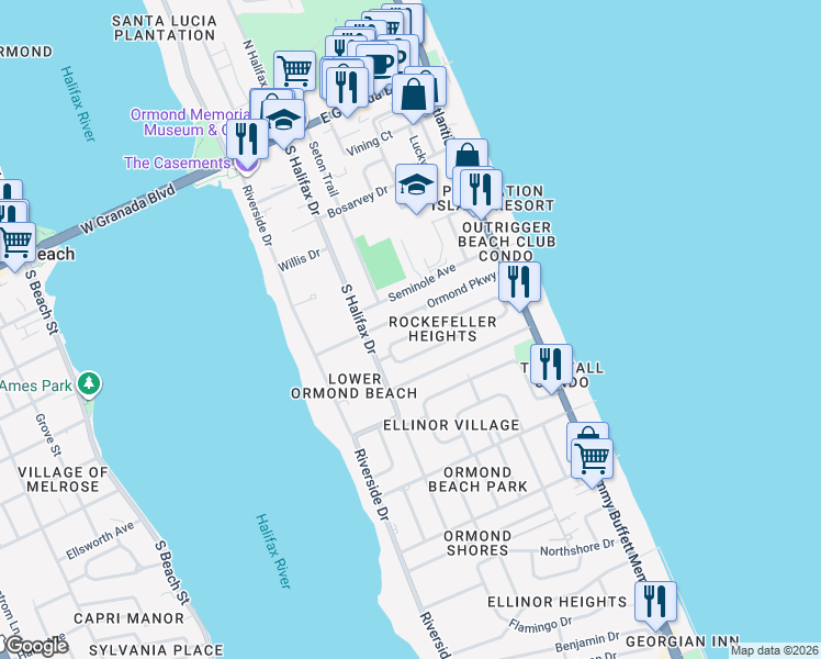 map of restaurants, bars, coffee shops, grocery stores, and more near 119 Valencia Dr in Ormond Beach