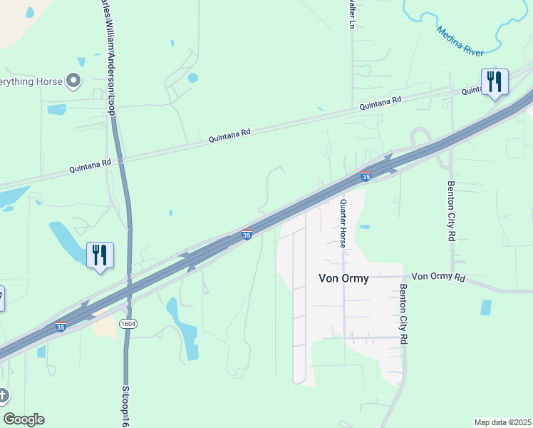 map of restaurants, bars, coffee shops, grocery stores, and more near 14147 Interstate 35 Access Road in Von Ormy