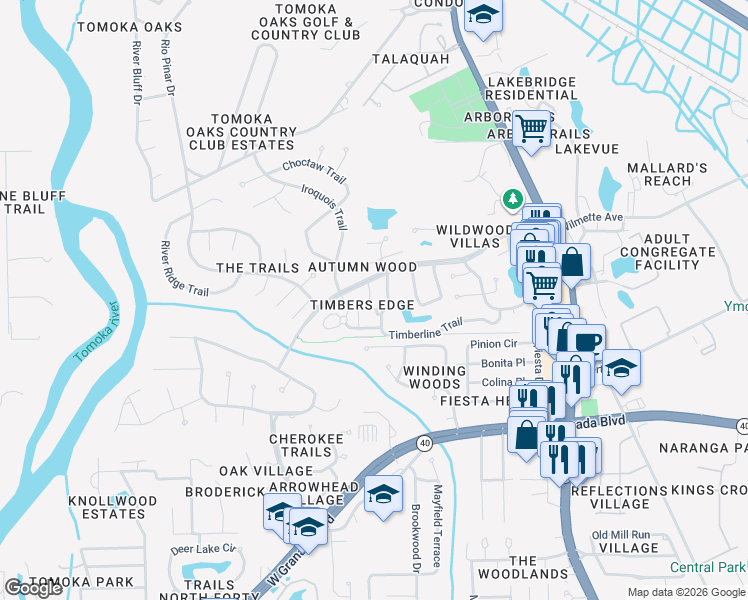 map of restaurants, bars, coffee shops, grocery stores, and more near 122 Timberline Trail in Ormond Beach