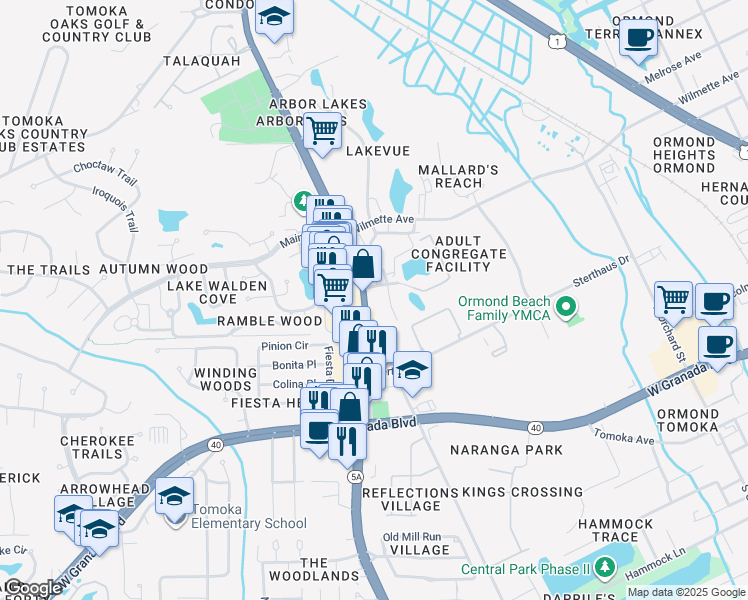 map of restaurants, bars, coffee shops, grocery stores, and more near in Ormond Beach
