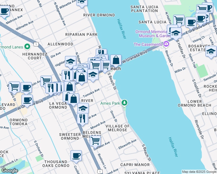 map of restaurants, bars, coffee shops, grocery stores, and more near 84 South Beach Street in Ormond Beach