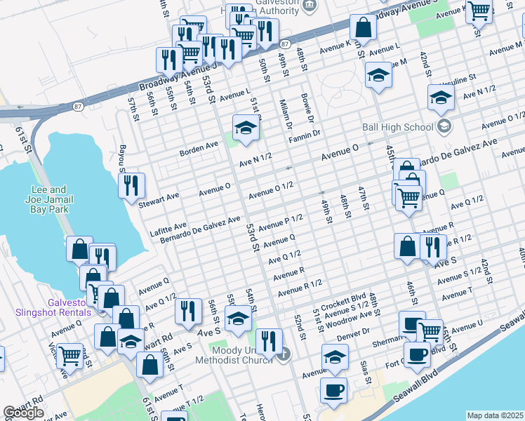 map of restaurants, bars, coffee shops, grocery stores, and more near 1911 52nd Street in Galveston