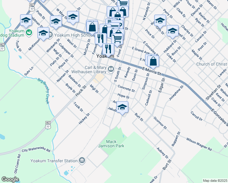 map of restaurants, bars, coffee shops, grocery stores, and more near 108 Hope Street in Yoakum