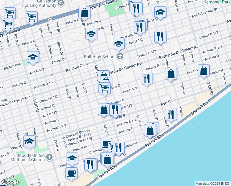 map of restaurants, bars, coffee shops, grocery stores, and more near 4315 1/2 Avenue Q 1/2 in Galveston