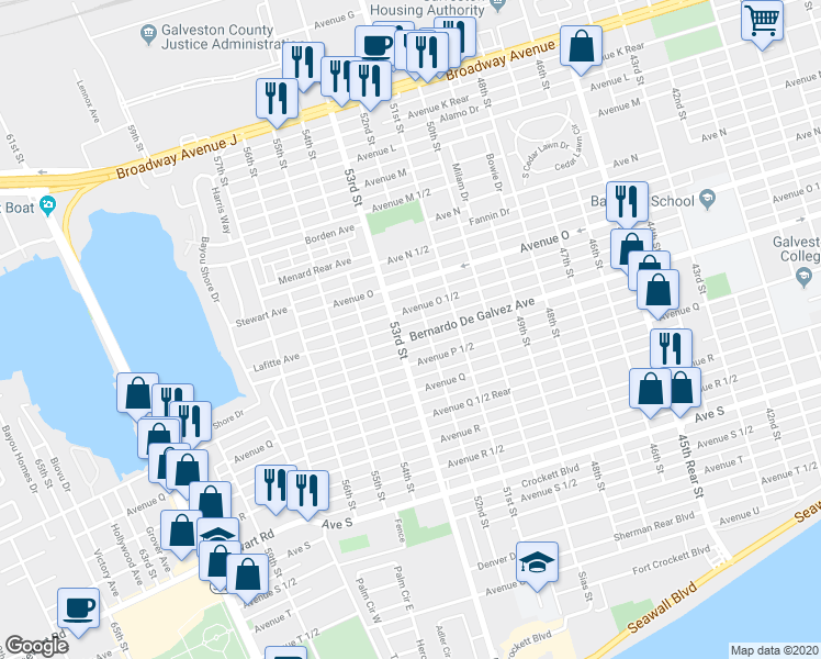 map of restaurants, bars, coffee shops, grocery stores, and more near 1911 52nd Street in Galveston
