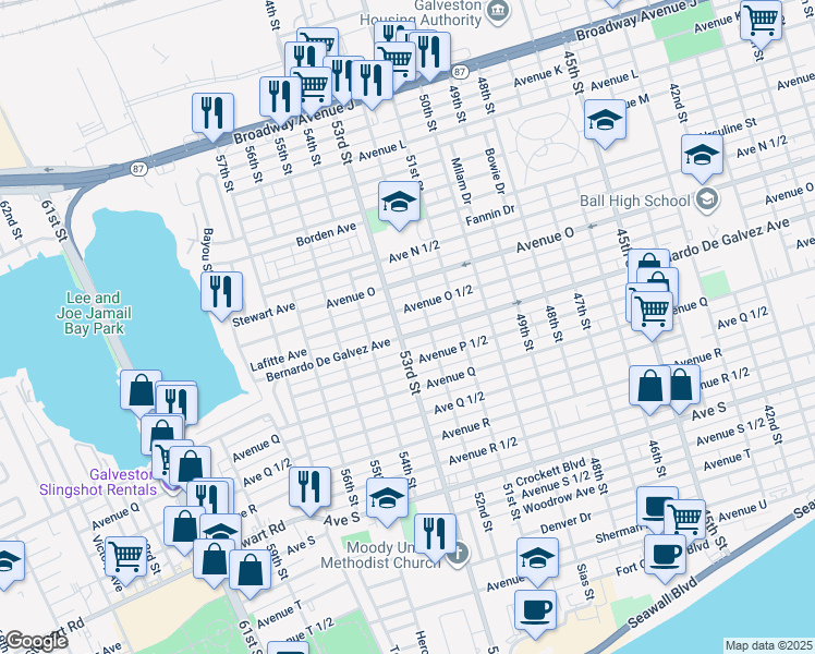 map of restaurants, bars, coffee shops, grocery stores, and more near 5311 Bernardo De Galvez Avenue in Galveston