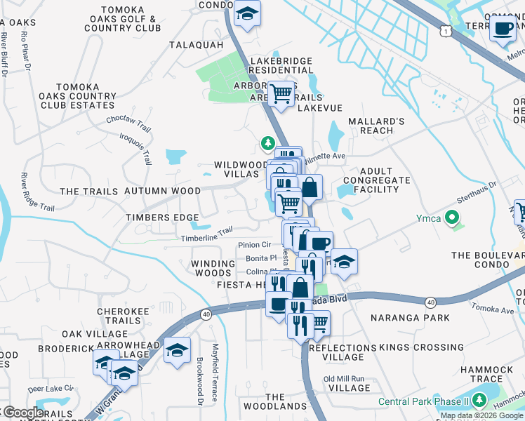 map of restaurants, bars, coffee shops, grocery stores, and more near 1 Rocky Ridge Trail in Ormond Beach