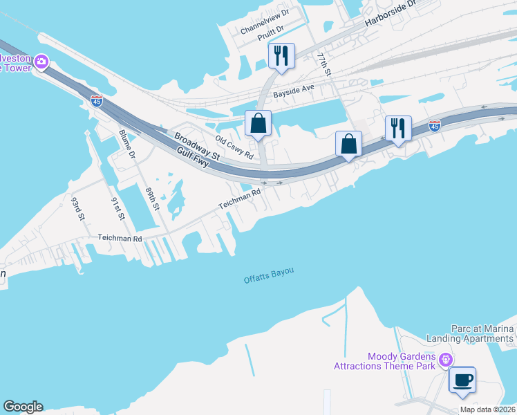 map of restaurants, bars, coffee shops, grocery stores, and more near 1022 Lillian Lane in Galveston