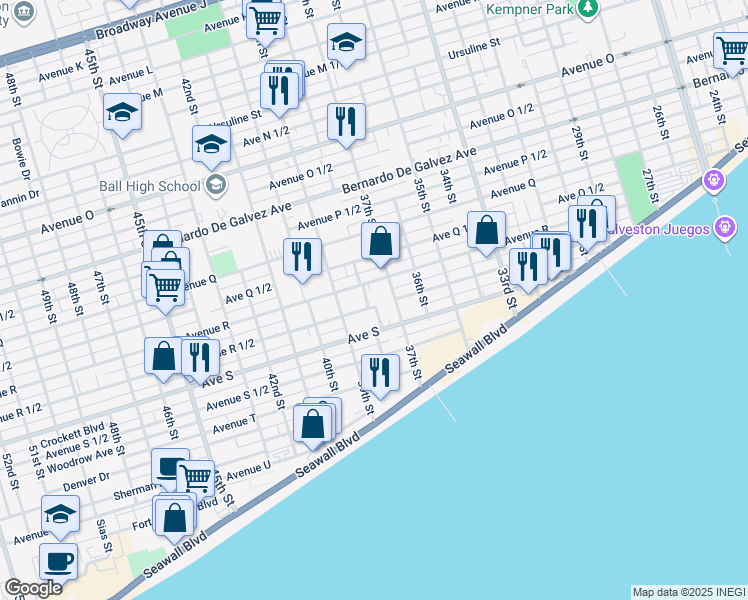 map of restaurants, bars, coffee shops, grocery stores, and more near 2412 38th Street in Galveston