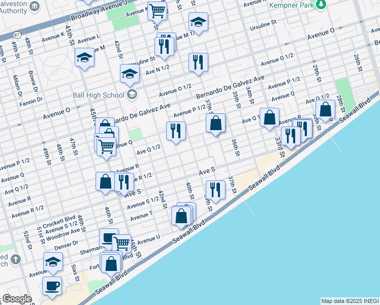 map of restaurants, bars, coffee shops, grocery stores, and more near 3827 Avenue R 1/2 in Galveston