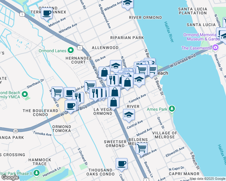 map of restaurants, bars, coffee shops, grocery stores, and more near in Ormond Beach