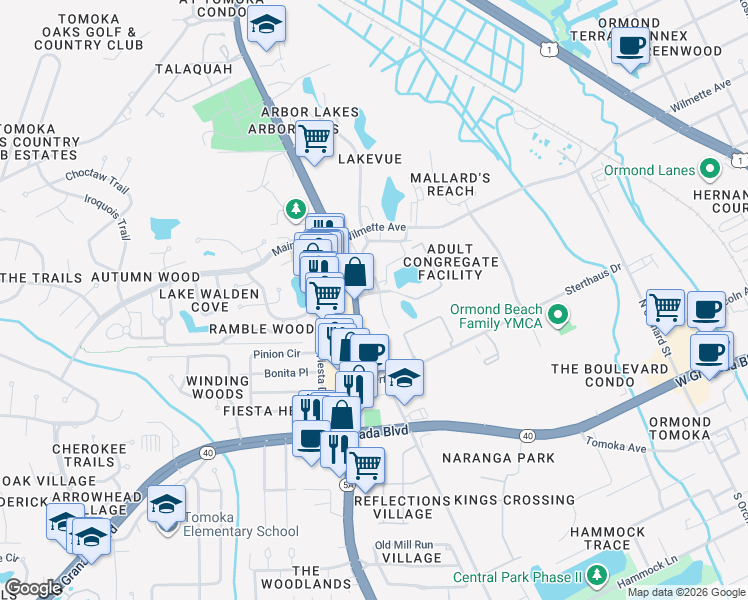 map of restaurants, bars, coffee shops, grocery stores, and more near in Ormond Beach