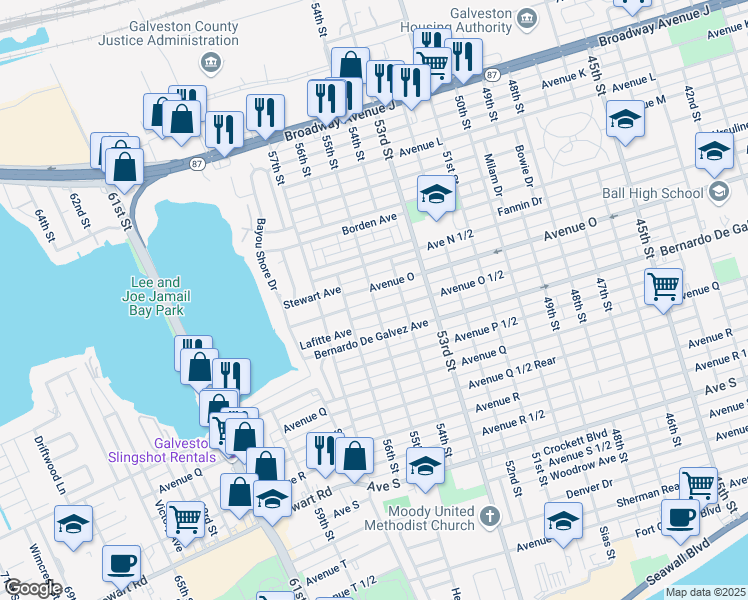map of restaurants, bars, coffee shops, grocery stores, and more near 55th Street in Galveston