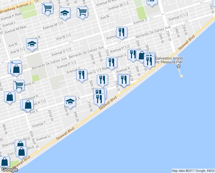 map of restaurants, bars, coffee shops, grocery stores, and more near 3317 Avenue R 1/2 in Galveston