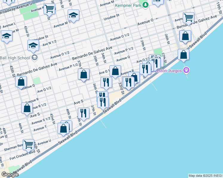 map of restaurants, bars, coffee shops, grocery stores, and more near 2413 34th Street in Galveston