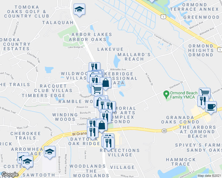 map of restaurants, bars, coffee shops, grocery stores, and more near 501 Shadow Lakes Boulevard in Ormond Beach