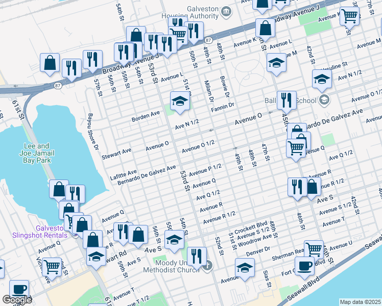 map of restaurants, bars, coffee shops, grocery stores, and more near 5124 Avenue O 1/2 in Galveston