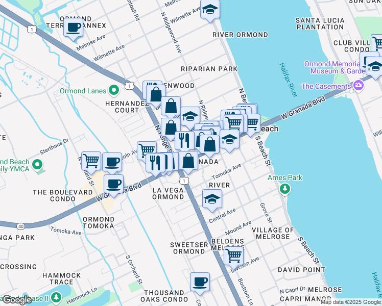 map of restaurants, bars, coffee shops, grocery stores, and more near 175 West Granada Boulevard in Ormond Beach