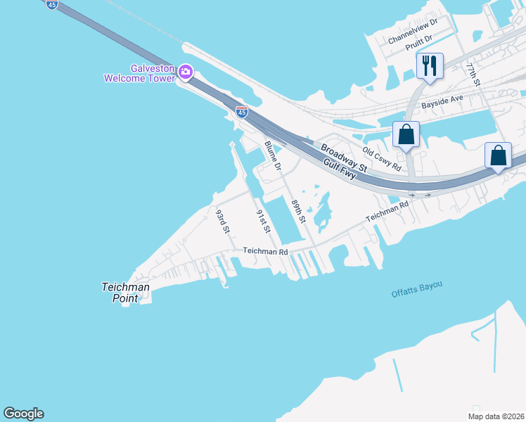 map of restaurants, bars, coffee shops, grocery stores, and more near 9007 Lewis Lane in Galveston