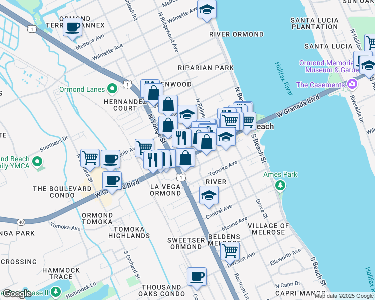 map of restaurants, bars, coffee shops, grocery stores, and more near 175 West Granada Boulevard in Ormond Beach