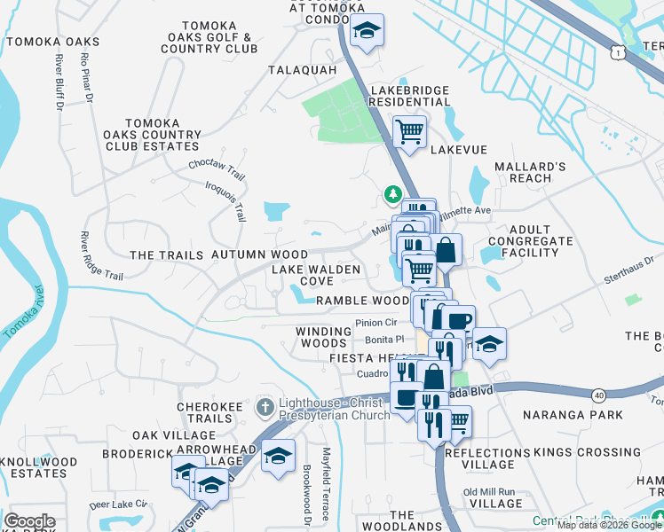 map of restaurants, bars, coffee shops, grocery stores, and more near 2 Lake Walden Trail in Ormond Beach